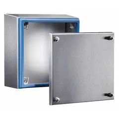 This RITTAL enclosure is constructed from 304 stainless steel with a solid cover secured by screws. It measures 6 x 6 x 5 inches and carries NEMA ratings 1, 12, 13, 3, 3X, 4, and 4X, making it suitable for protecting electrical and electronic components in indoor and outdoor environments where resistance to dust, water, and corrosion is required. No knockouts are provided.