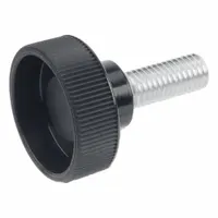 Knurled hand knob with a black plastic body and a steel M5 threaded stud, 15 mm thread length. The knurled surface allows manual tightening without tools. Commonly used for quick adjustments and clamping in jigs, fixtures, and machinery