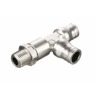 Nickel-plated brass tube fitting with 1/8" pipe thread and 5/32" OD tube size. Overall length 78 mm. Used for branching pneumatic or fluid lines in push-to-connect systems