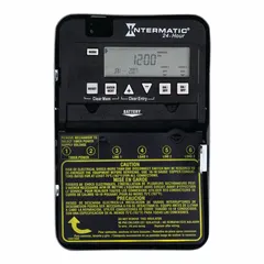 The INTERMATIC ET1125C is a 24-hour digital timer switch with a metal enclosure for indoor surface mounting. It operates on 120-277V AC and features a DPST switching configuration, suitable for controlling lighting, HVAC, or other electrical loads in commercial or industrial settings.