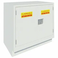 Steel base cabinet for solvent storage. Overall dimensions: 35 1/8 in height, 22 in depth, 36 in width. Suitable for organizing flammable liquid containers in laboratories and industrial facilities.