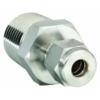 This double-ferrule stainless steel compression fitting adapter connects 3/8 in OD tubing to a 1/2 in male NPT pipe port. The Compression x MNPT configuration provides a leak-tight seal in industrial fluid systems, suitable for instrumentation and hydraulic applications