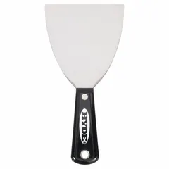Standard spreading tool with a straight carbon steel blade and a nylon handle featuring full tang construction. Used for applying joint compound, spackle, or adhesive in drywall finishing and general construction tasks.