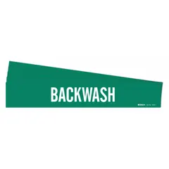 Green adhesive pipe marker with white 'Backwash' legend, without arrows. Fits pipe outer diameters from 2-1/2 to 7-7/8 inches. Pack of 5. Used for identifying backwash lines in piping systems.