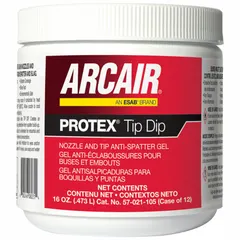 ARCAIR Protex Tip Dip is a 16 oz container of anti-spatter compound for welding and gouging torch tips. It prevents spatter adhesion, reducing cleaning downtime. Suitable for industrial maintenance and fabrication environments.