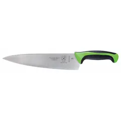 This 10-inch chef's knife features a stamped steel blade with a sharp edge and a green Santoprene/polypropylene handle. It is NSF certified. Suitable for chopping, slicing, and dicing in professional and home kitchens.