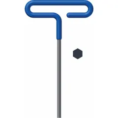 T-shaped hex key for tightening or loosening metric socket-head screws. Made of alloy steel with black finish. Tip size 2 mm, handle length 76 mm. Suitable for industrial assembly, maintenance, and repair tasks.