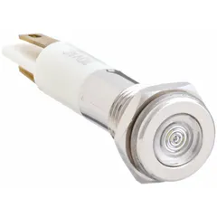 White LED pilot light with flush head design. Panel mounting hole diameter 5/16 in. Electrical connection via 0.11 male quick disconnect. Used as a visual status indicator in industrial control panels and machinery.