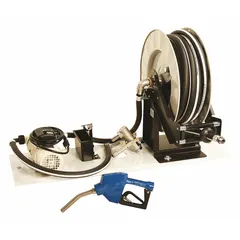 This drum-mount DEF dispensing pump system is designed for transferring diesel exhaust fluid from drums. It operates at 115 V AC with a 1/10 hp motor and delivers a maximum flow rate of 8 gpm. The pump features a polypropylene body, a stainless steel nozzle, and includes a discharge hose, reel, and nozzle. A meter is not included.