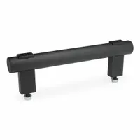 This front-mount pull handle features a straight-leg tubular design with black polyamide legs and a black finish. It has an 11.81 in mounting hole center-to-center and accepts M8 screws. Suitable for use on industrial cabinets, machine enclosures, and control panels requiring a load-rated grip