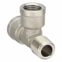 This threaded medium-pressure pipe tee has three 1/4 in ports and is made of nickel-plated brass. Rated for a maximum operating pressure of 870 psi, it measures 1 59/64 in in length. Used to split or combine fluid flow in pneumatic or hydraulic systems
