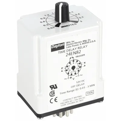 Dayton Single Function Time Delay Relay: Socket Mounted, 12V DC, 10 A, 11 Pins/Terminals - Socket-Mounted Relays