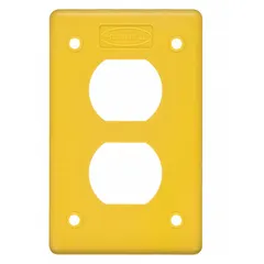 Yellow portable outlet box cover for duplex outlets. Designed for use with portable outlet boxes in temporary power distribution applications such as construction sites and industrial facilities.