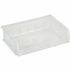 This clear plastic bin measures 11 in x 7 3/8 in x 3 in and includes an integrated label holder for identification. It is not electrostatic discharge conductive and contains 0% recycled content. Suitable for organizing small parts, components, and hardware in workstations, warehouses, and assembly lines.