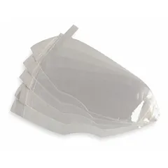 Clear plastic lens covers for Honeywell PAPR lenses, supplied in packs of 15. Adhesive is applied to the sides for secure attachment, protecting the lens from scratches and debris in industrial environments such as machining, welding, and material handling.