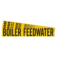 Yellow adhesive pipe marker with black legend reading 'Boiler Feedwater'. Designed for pipes with outer diameter of 8 inches and larger. Supplied without arrows. Sold in a 5-pack. Used to identify boiler feedwater lines in industrial piping systems.