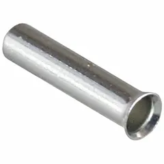 This non-insulated ferrule accommodates a single stranded wire up to 14 AWG. With a bare metal construction and 0.1 in diameter, it is used to terminate wire ends in terminal blocks and control panels, preventing fraying and ensuring secure electrical connections.