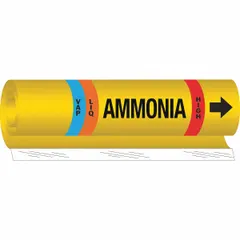 Ammonia wrap-around pipe marker for identifying high-pressure LIQ/VAP phase lines in industrial refrigeration systems. Fits pipe O.D. from 1-1/2 to 2-3/8 in. Includes flow-direction arrows for clear hazard communication. Single marker per unit.
