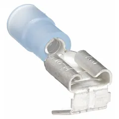 This partially insulated piggyback disconnect features a blue nylon housing and a 0.25 in x 0.032 in tab. It is configured as a socket/tab connector for quick connect and disconnect in electrical systems. Used for wire termination in control panels, appliances, and industrial equipment.