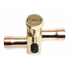 This Parker refrigerant ball valve features a 1/2 in sweat connection with copper connection material for brazing into copper tubing. It is rated for a maximum pressure of 750 psi and an operating temperature range of -40°F to 250°F. The valve includes a 1/4"-20 UNC bottom mounting thread for secure installation. Suitable for isolating or controlling refrigerant flow in HVAC and refrigeration systems.