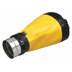 Polyester duct reducing adapter in black/yellow for use with 12 in to 16 in blowers. Includes duct-to-duct connector. Used to transition between different duct sizes in ventilation and fume extraction systems.