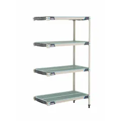This shelving unit features a 304 stainless steel frame and polymer shelves with antimicrobial properties. It has four shelves, an overall height of 62 inches, and is suited for industrial environments requiring resistance to microbial growth.