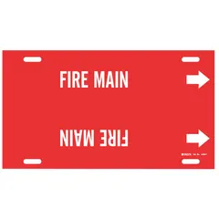 Red pipe marker with white 'Fire Main' legend and directional arrows. Fits pipe outer diameters of 6 to 7-7/8 inches. Used to identify fire main piping in industrial facilities, aiding quick location of fire suppression lines.