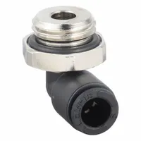 This LEGRIS tube fitting is a push-to-connect elbow with a male BSPP thread, made of nylon and nickel-plated brass in black. It connects 6 mm OD tubing to a 1/4 in pipe size. Suitable for use in pneumatic systems for industrial automation, packaging, and material handling applications. Sold in a pack of 10