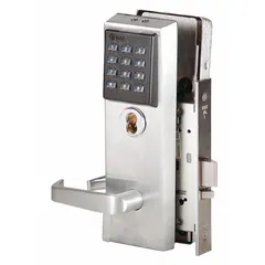 This electronic keyless access lockset from BEST provides keyless entry for commercial doors, supporting keypad or credential-based access. Suitable for offices, schools, and other facilities requiring controlled entry and audit trail capabilities. Finish is chrome.