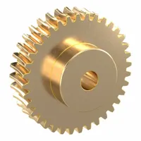 Metric worm wheel with module m 2, 20° pressure angle, right-hand helix, and non-ground tooth finish. Made from aluminum bronze. Used in power transmission systems for high reduction ratios in compact spaces, such as conveyors and indexing tables