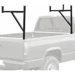 Adjustable steel ladder rack for vehicle mounting. Black finish. Width adjustable from 19-1/4 in to 34 in, height 35 in, length 1-1/2 in. Used for securing ladders during transport on work trucks.