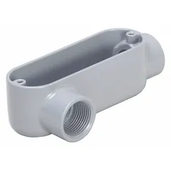 Aluminum LR type conduit outlet body with 2 in trade size, 67 cu in capacity, and threaded hub. Powder coated finish. Designed for use with IMC conduit. Provides a pull point or junction for wire pulling and splicing in conduit runs.