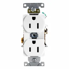 General purpose duplex receptacle rated 125V AC, 15A, NEMA 5-15 configuration, 2 pole/3 wire. White finish. For use in residential and commercial branch circuits to power standard 125V devices with NEMA 5-15 plugs.