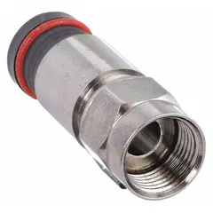 Male F-Type connector for RG-6 coaxial cable. Nickel-plated finish with black body. Compression-style installation. Supports frequencies up to 1 GHz. Suitable for cable TV, satellite, and broadband internet connections.