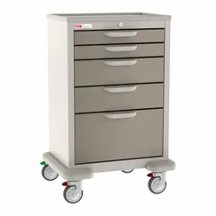 Steel supply cart with a taupe cabinet and dark tan drawers. Configured with (2) swivel and (2) swivel with brake casters for maneuverability and stability. Suitable for organizing and transporting medical supplies in healthcare settings.