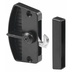 This sliding handle and latch kit is designed for use on screen doors, providing a secure latching and pulling mechanism. The kit includes a handle and latch assembly in a black finish. Overall height is 2-5/8 inches and overall length is 3/8 inches.
