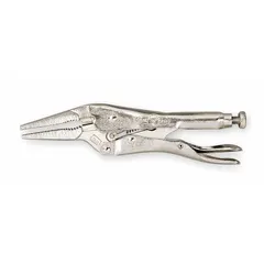 Lever-operated long-nose locking pliers with plain grip. 2 in jaw length and 2 in maximum jaw opening. Overall length 6 in. Used for clamping and gripping in confined spaces where a narrow jaw profile is required.