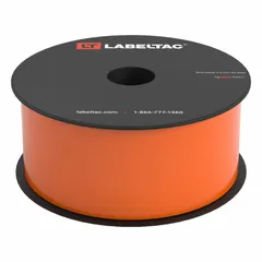 Continuous thermal transfer label roll for industrial labeling. Vinyl construction with orange gloss finish, rated for indoor and outdoor use. Compatible with LabelTac 4 printer series. Used for pipe marking, safety signs, and equipment identification.