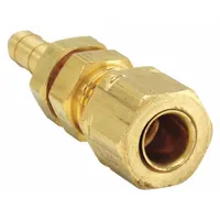 This self-aligning brass compression fitting from PARKER features a barbed x compression design for joining 1/4 in OD tubing. It is used in industrial fluid systems for pneumatic, hydraulic, and instrumentation applications, providing a leak-resistant seal