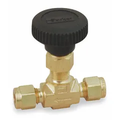 Brass inline needle valve with integral bonnet and V-Stem for precise flow control of oil. Features compression x compression connections, 3/8 in pipe size, and PTFE components. Complies with ISA S75.02 standards. Suitable for hydraulic and lubrication systems requiring reliable shut-off and regulation.