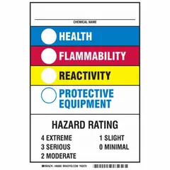 Blank write-on label for HMIS/HMIG hazard rating systems. Used to manually indicate chemical hazard levels in workplace safety signage. Adhesive-backed for application to containers or surfaces.