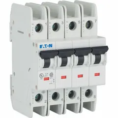C-Curve, 4-pole miniature circuit breaker rated 13 A at 480V AC with 10 kA interrupting capacity at 277/480V AC. UL489 listed for DIN rail mounting. Screw-type terminals. Suitable for overcurrent protection in branch circuits within industrial and commercial electrical panels.