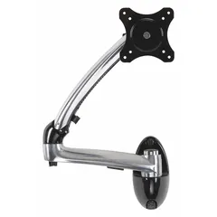 This full motion television mount is constructed from gloss-finished black aluminum and designed for wall mounting. It supports screens up to 29 inches with a maximum weight of 17.8 lb. The mount provides 180° swivel, 90° downward tilt, and 45° upward tilt for flexible viewing angles. Suitable for use in offices, control rooms, or retail environments where ergonomic positioning is required.