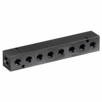 This rectangular aluminum block manifold distributes compressed air or fluids from a single supply to multiple outlets. It features NPT x NPT connections with one 1/4 in NPT port and one 1/8 in NPT port. Suitable for pneumatic control panels and industrial fluid-handling systems