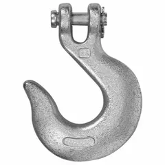 This CAMPBELL slip-hook is a general-purpose lifting and rigging component with a Grade 43 rating and 5,400 lb working load limit. Constructed from carbon steel with a clevis mounting and zinc-silver finish, it is used to attach loads to chains or cables in material handling and positioning applications.