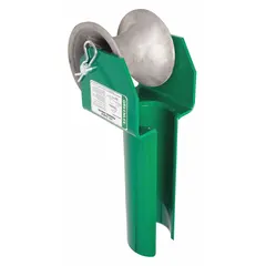 Aluminum feeding sheave for cable pulling applications. 4-inch sheave width with 6,500 lb maximum load capacity. Guides and supports cables during installation in electrical, telecommunications, and industrial settings.