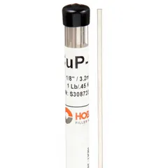 Phos-copper brazing alloy with 15% silver content, type BCuP-5. Supplied as bare rods measuring 1/8 inch by 18 inches, packaged individually. Used for joining copper and copper alloys in HVAC, refrigeration, and plumbing systems, providing strong, leak-tight joints on copper-to-copper connections without flux.
