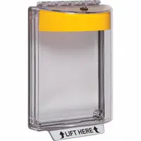 Clear polycarbonate wall-fixture guard for indoor use with emergency buttons. Flush-mount design with IP56 water resistance. Includes mounting hardware and LIFT HERE legend. Overall depth 2 11/16 in
