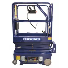 Battery-powered drivable scissor lift with a 10 ft elevated platform height and a 50 x 28 in platform. Designed for indoor use in warehouses, factories, and maintenance facilities, allowing one operator to access overhead equipment, lighting, or storage while moving the unit without descending. Includes batteries.