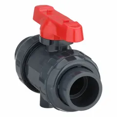 This ASAHI ball valve is a 1 1/4 inch, straight, one-piece PVC valve with a maximum pressure rating of 230 psi CWP. It provides manual two-way on/off flow control in industrial piping systems handling water, chemicals, or air.